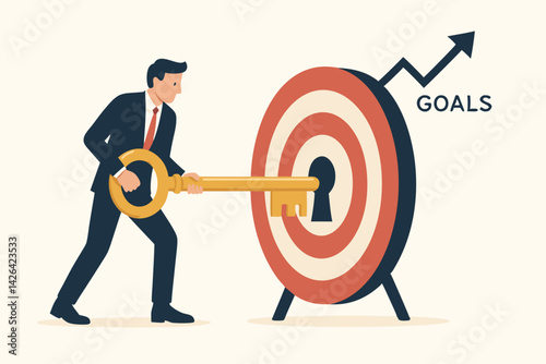 Businessman Unlocking Success with Golden Key and Target Bullseye Vector Illustration for Business Growth Strategy, Achievement Concept, and Goal Setting Metaphor in Modern Flat Design Style