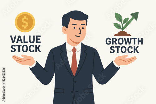 Value vs Growth Investing: Businessman Balancing Financial Strategies, Vector Illustration for Stock Market Concepts, Investment Choices, and Portfolio Diversification