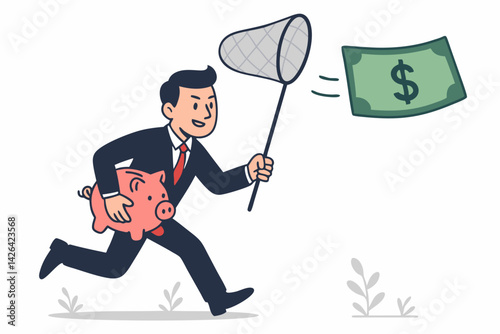 Ambitious Businessman Chasing Money with Net While Holding Piggy Bank, Financial Success Metaphor, Wealth Building Concept, Investment Strategy Illustration, Profit Hunting Vector