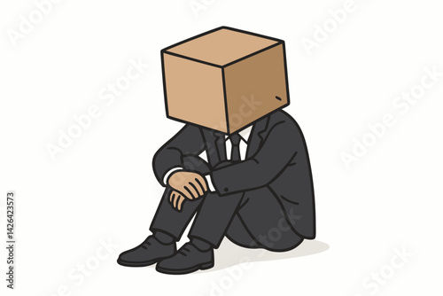 Burnout Businessman with Box Head Concept Vector Illustration, Corporate Stress and Anonymous Identity in Modern Workplace, Minimalist Design for Mental Health Awareness and Work-Life Balance