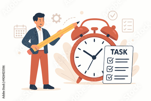 Efficient Time Management and Task Prioritization: Businessman with Giant Pencil, Alarm Clock, and Checklist - Productivity Concept Vector Illustration for Business Planning