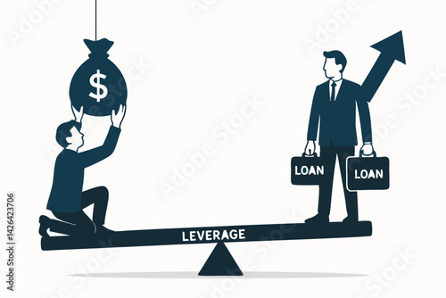 Financial Leverage Concept Vector Illustration: Businessman Balancing Money Bag and Loans on Seesaw, Business Investment Strategy, Risk Management, Debt vs Equity Visualization for Banking and Finance