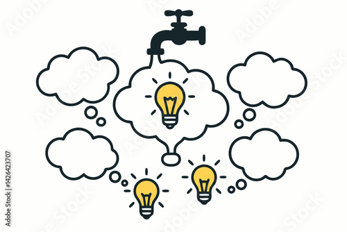 Creative Idea Generation Vector Illustration with Light Bulbs and Thought Bubbles, Concept of Brainstorming, Innovation and Problem Solving, Flow of Inspiration from Water Tap Symbol