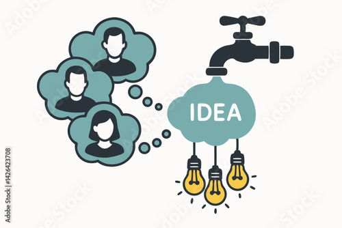 Creative Collaboration Concept Vector: Team Brainstorming Generating Ideas with Light Bulbs and Thought Bubbles, Modern Flat Design for Business Innovation, Problem Solving, and Teamwork Visualization