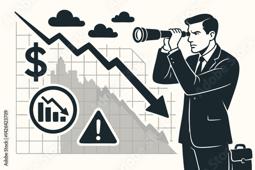Business Recession Forecast Vector Illustration with Businessman Looking Through Telescope at Declining Financial Graph, Market Crisis Warning, Economic Downturn Prediction Concept