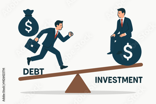 Financial Balance Concept Vector Illustration: Businessman Running with Debt Money Bag versus Calm Investor Sitting on Dollar Coin on Seesaw Scale, Investment Strategy Metaphor