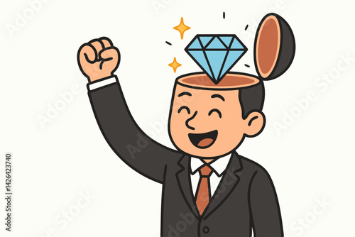 Brilliant Mind Concept: Cheerful Businessman with Open Head Revealing Shining Diamond, Creative Intelligence Metaphor, Business Success Illustration for Leadership and Innovation