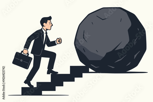 Business Challenges Concept: Determined Businessman Climbing Stairs Toward Massive Boulder Obstacle, Persistence and Problem-Solving Metaphor for Corporate Adversity, Minimalist Vector Illustration