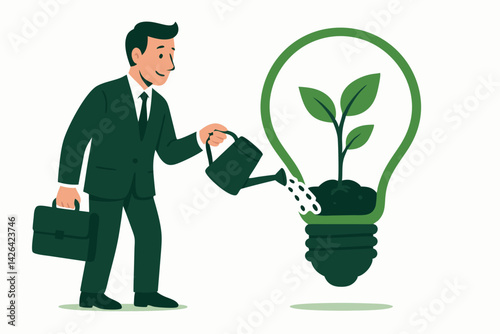 Sustainable Business Growth Vector Illustration: Professional Businessman Watering Plant in Light Bulb, Green Innovation Concept for Environmental Corporate Solutions and Eco-Friendly Development
