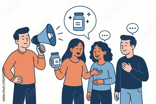 Diverse Group of People Discussing Health Supplement Product with Megaphone Announcement, Vector Illustration of Word-of-Mouth Marketing Campaign for Pharmaceutical or Wellness Industry