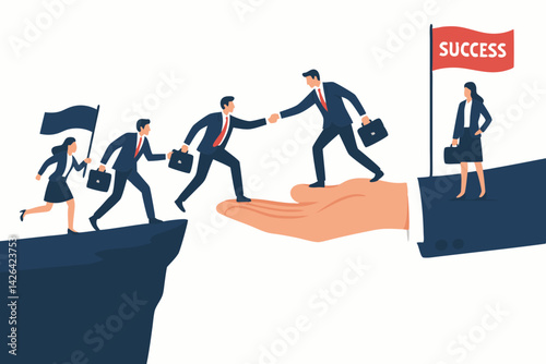 Business Team Bridging Success Gap Vector Illustration, Corporate Mentorship and Leadership Support Concept, Professional Teamwork Journey Towards Achievement with Helping Hand Metaphor