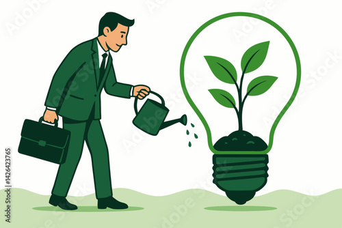 Green Business Innovation Vector Illustration with Businessman Watering Plant Lightbulb, Sustainable Growth Concept, Eco-Friendly Corporate Development, Environmental Investment Metaphor