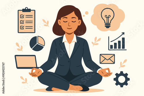 Mindful Businesswoman Balancing Work and Wellness: Vector Illustration of Professional in Lotus Pose Surrounded by Business Icons, Productivity Symbols, and Zen Elements for Corporate Mindfulness