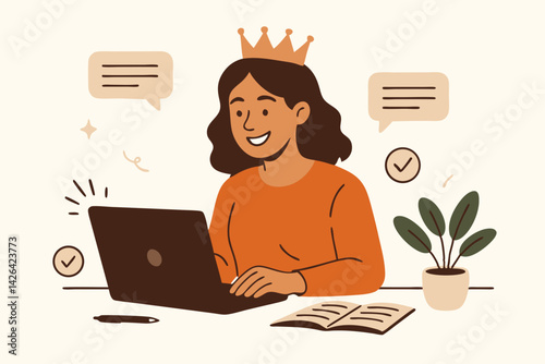 Successful Female Content Creator with Crown Working on Laptop, Minimalist Flat Vector Illustration of Smiling Woman Entrepreneur with Speech Bubbles and Workspace Elements