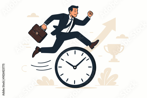 Ambitious Businessman Running on Clock Vector Illustration, Time Management Concept, Career Success Metaphor, Professional Achievement, Corporate Race Against Time, Business Growth Symbolism