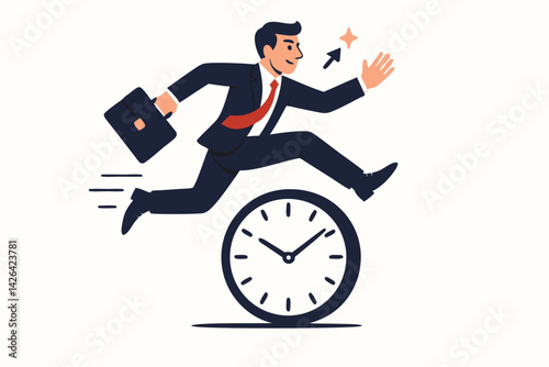Dynamic Businessman Leaping Over Clock: Time Management and Career Success Vector Illustration for Business Efficiency, Productivity, and Goal Achievement
