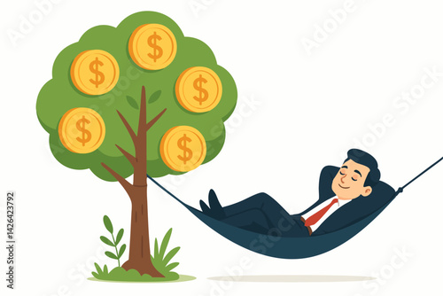 Passive Income Dream: Businessman Relaxing in Hammock Under Money Tree, Financial Freedom Vector Illustration for Wealth Management and Investment Success