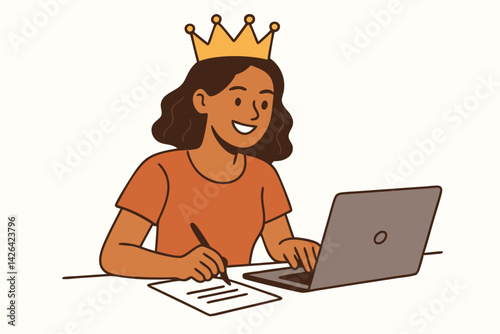 Empowered Woman with Crown Working on Laptop Vector Illustration, Female Entrepreneur Writing Notes, Digital Content Creator, Modern Minimalist Line Art Design for Business Success and Leadership