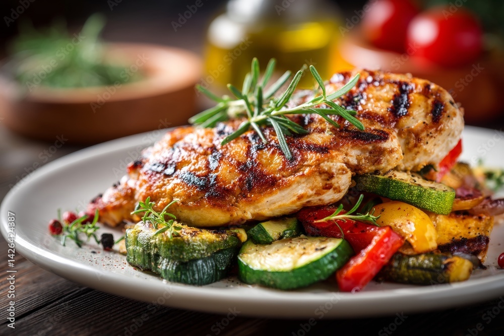 Grilled chicken breast with vegetables.