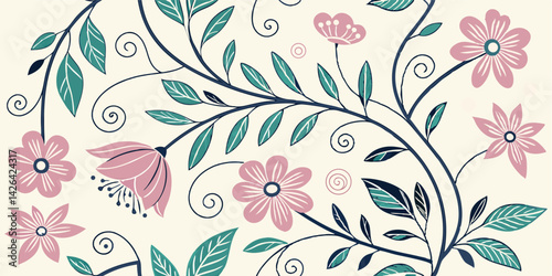 A floral pattern with pink flowers, teal leaves, and swirling stems on a light beige background.