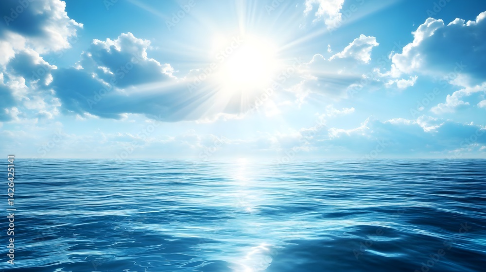 Fototapeta premium Serene Ocean Scene with Sun Shining Through the Clouds