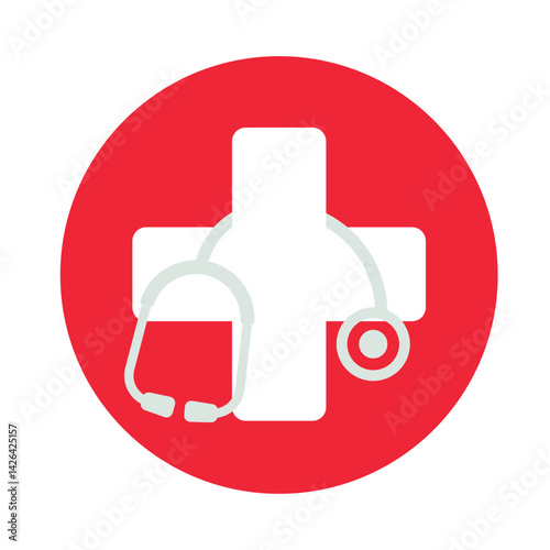 Minimalist red medical icon with a central white cross and stethoscope. Represents healthcare, emergency support, clinics, or first aid in clean, professional vector style.