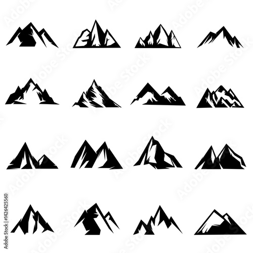 Set of mountain silhouettes. Unique rocky mountains icon or cool logo collection