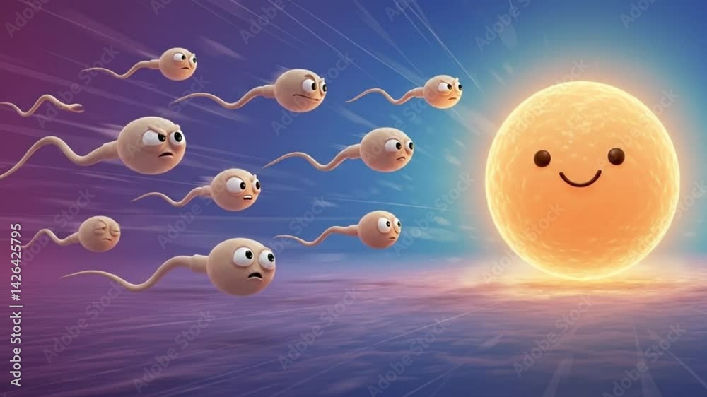 Sperm cells swimming towards an egg cell for science and medical purposes, reproduction concept, fertility clinics, and educational materials.