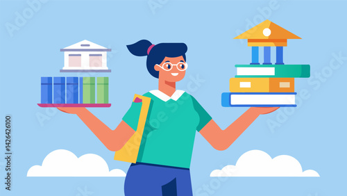 A student balancing a stack of brochures from different financial institutions all offering student loan options.. Vector illustration