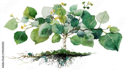 Watercolor painting of a young tree with green and gray leaves, exposed roots, and a white trunk against a white background.