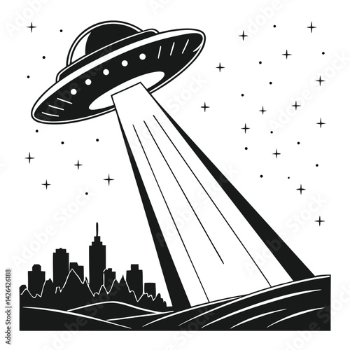 UFO Abduction Over City Skyline Black and White Illustration