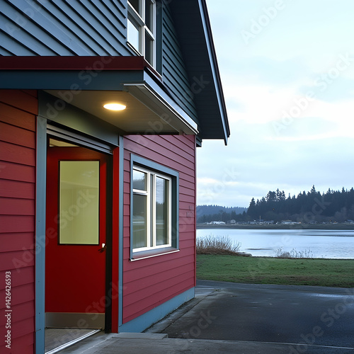 Obraz na płótnie Waterfront red house entrance, twilight view, serene landscape, ideal for real estate w salonie