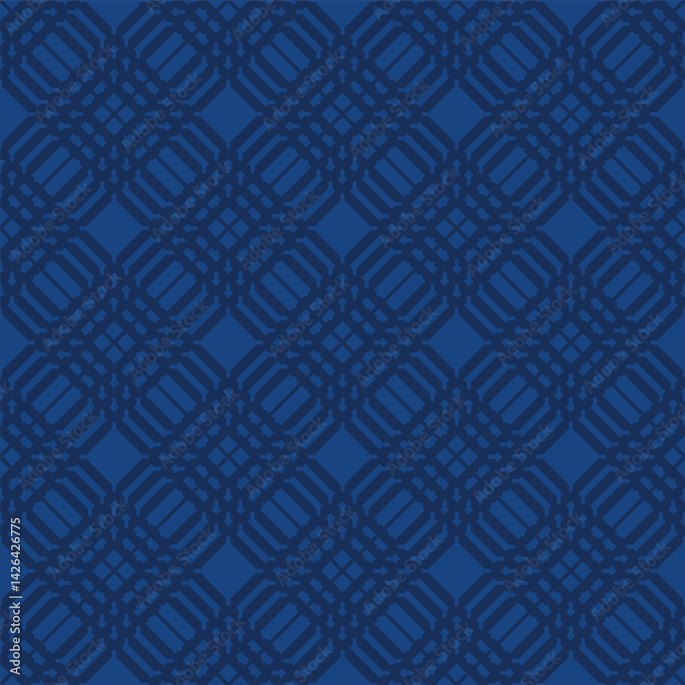 Indigo trellis Geometric pattern of circles  squares creates depth