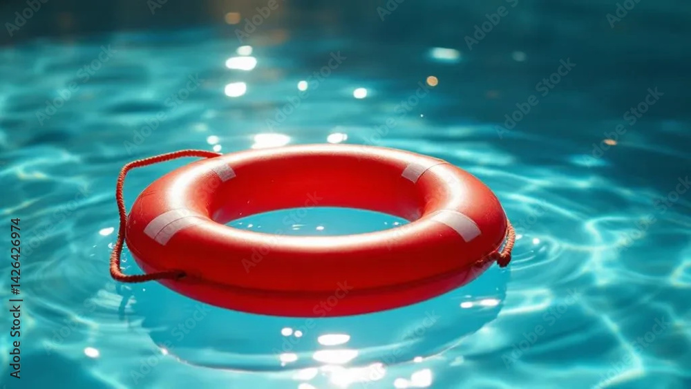 Red lifebuoy in the swimming pool. Close up.