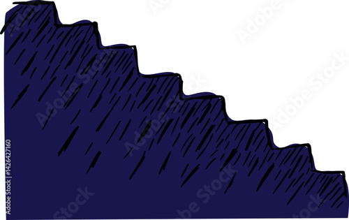 dark blue staircase steps with cast shadow, side view, hand drawn sketch with black curved lines