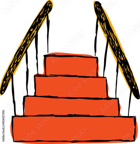 red staircase with steps and orange handrails leading up, hand drawn sketch with black curved lines