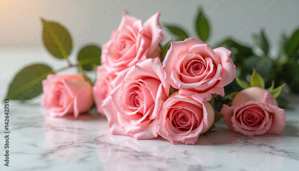 Fototapeta premium Pink roses bouquet on marble surface 