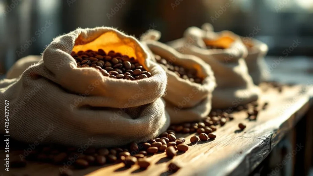 Coffee beans in linen bags on the wooden table.