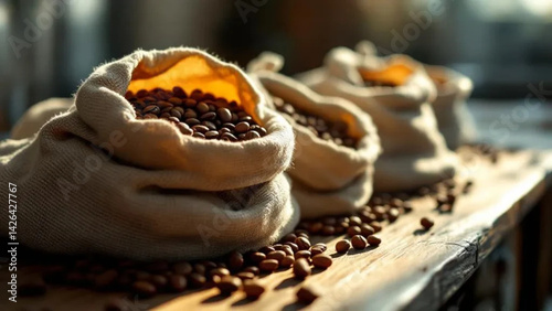 Obraz na płótnie Coffee beans in linen bags on the wooden table. w salonie
