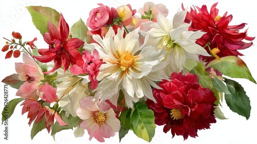 Vibrant watercolor painting of a lush bouquet featuring red, pink, and white dahlias and roses.