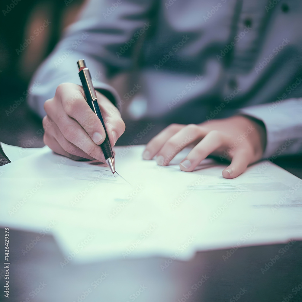 Person signing document at desk, office background, paperwork, contract signing