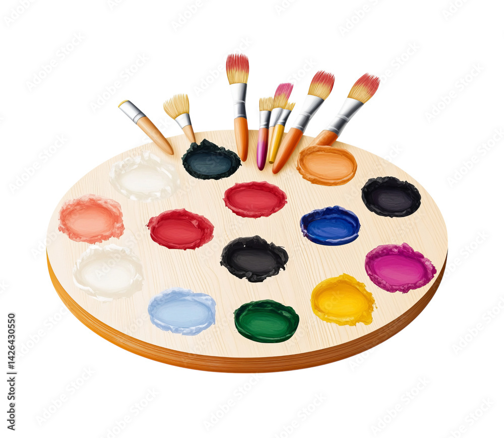 Naklejka premium A wooden art palette with paintbrushes and colorful paints, isolated on Png Format and Transparent Background