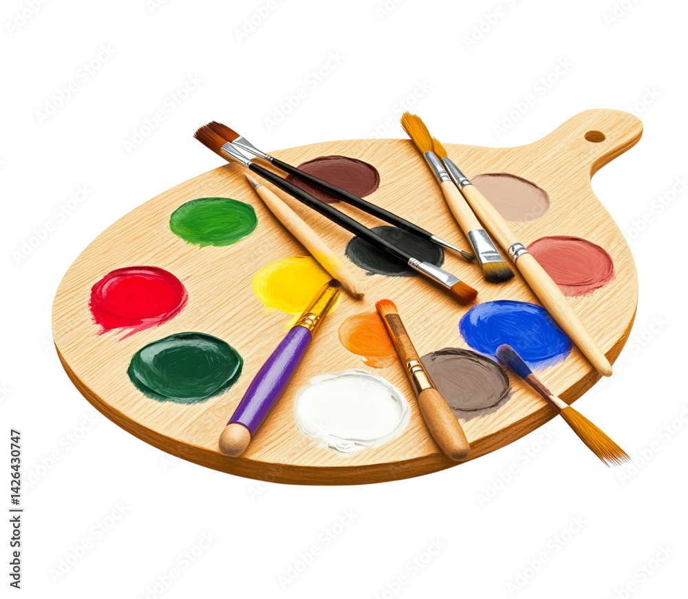Obraz premium A wooden art palette with paintbrushes and colorful paints, isolated on Png Format and Transparent Background