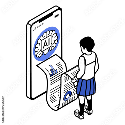 Female student retrieving a document from a giant smartphone equipped with artificial intelligence - Blue Monochrome