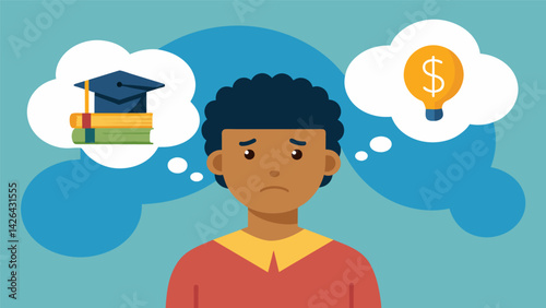 A student avoiding seeking help for their mental health issues because they cannot afford therapy or medication.. Vector illustration