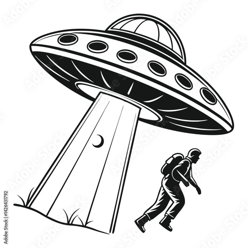 Man Running Away from a Landing UFO Spaceship