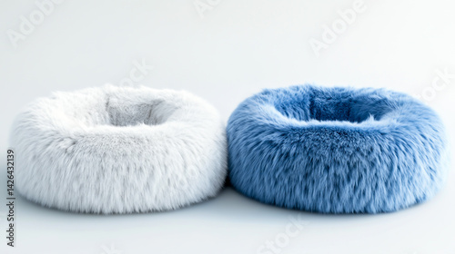 Two different fur colors of round dog bed light blue, sky blue, and white, on a white background1