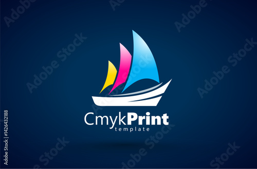 Logo Sail Сmyk Color Print theme boat silhouette. Template design vector. Black background.