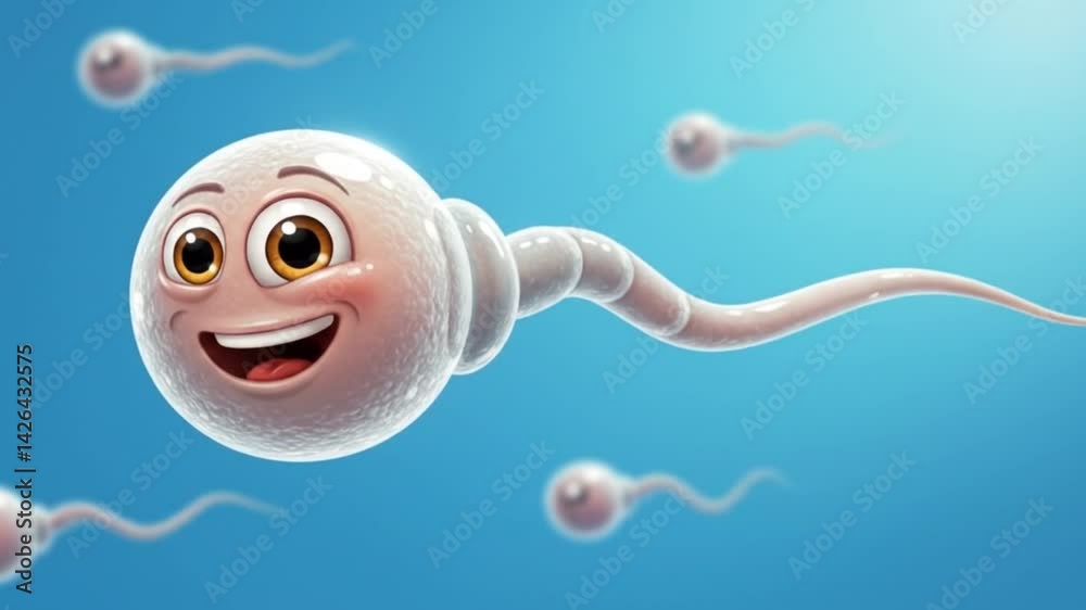 Smiling sperm cell on a blue background. Suitable for reproductive health content, fertility clinics, medical infographics, and biology education materials.