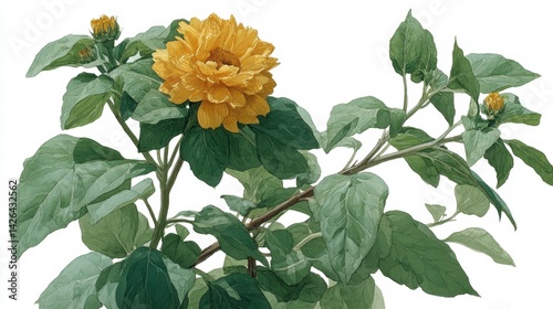 Close up view of a yellow hibiscus flower with green leaves against a white background.